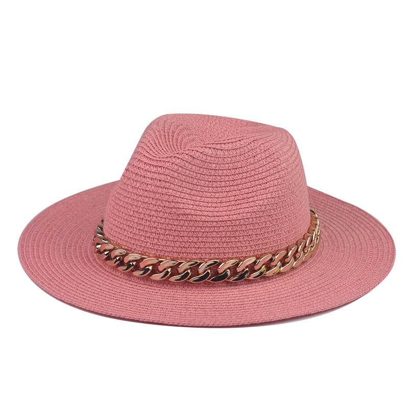 Comercio exterior transfronterizo Four Seasons Sombrero de paja de cadena grande de oro Cadena de sombrero de paja de Jazz de ala grande Sombrero de paja de tapa plana