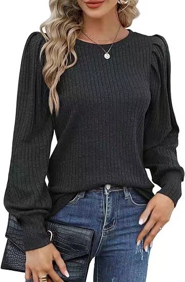 Camicia a maniche lunghe morbida a bolle da donna autunno 2024, top con scollo rotondo spazzolato a righe tinta unita e cintura in vita_voghion.com