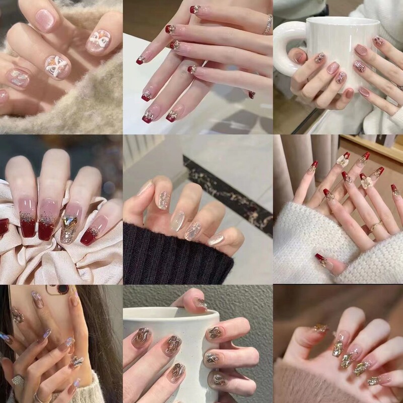 Nail Art Combination Nail Patch Finished Product Removable Wearing Nail Art Repeatedly Removable Wearing Medium and Long 24 Pieces Wholesale