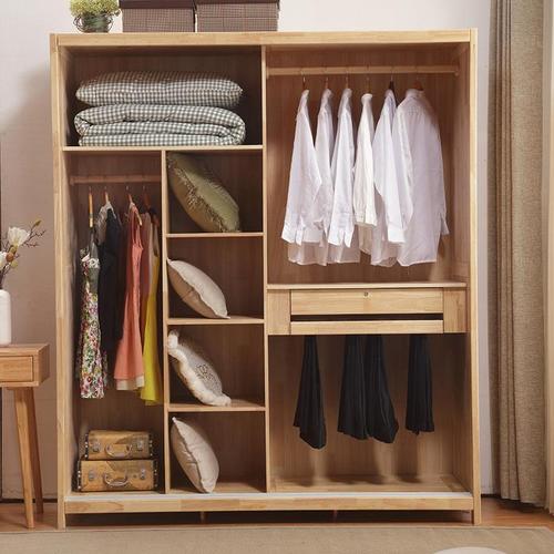 Nordic solid wood sliding door wardrobe rubber wood two door sliding door simple storage wardrobe bedroom furniture log style