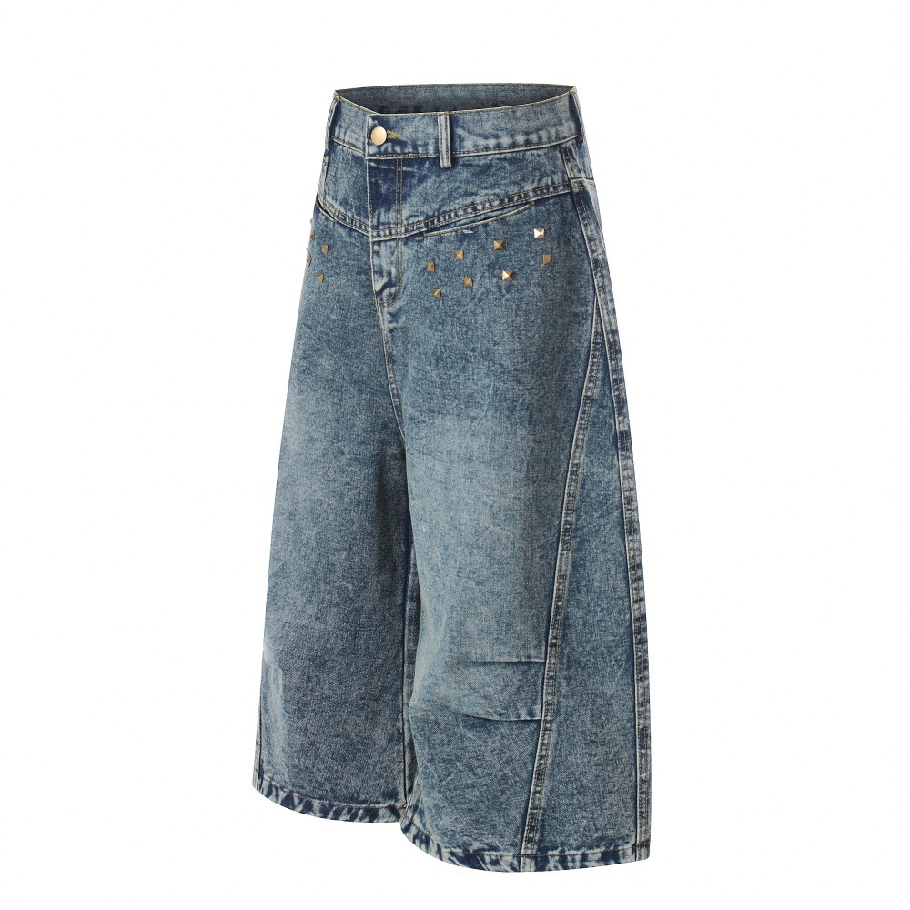Men's Vintage Washed Blue Distressed Denim Shorts Rock And Roll Studded Details Relaxed Fit Cargo Shorts_mkmklike.com
