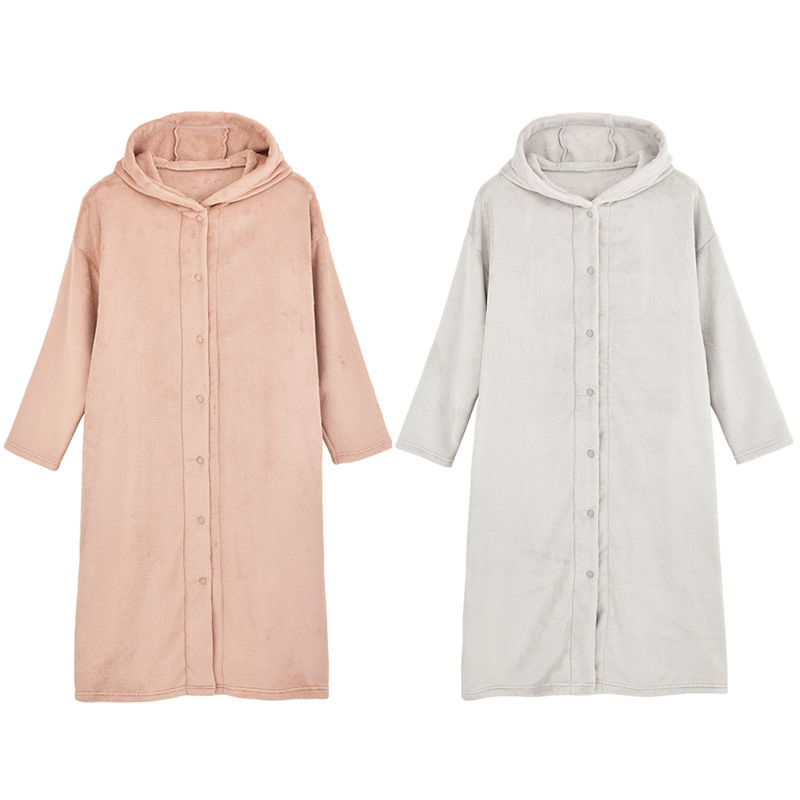 무인양품 일본식 따뜻한 부드러운 극세사 잠옷 여성용 긴 후드 가디건 잠옷 가을과 겨울 따뜻한 목욕 잠옷