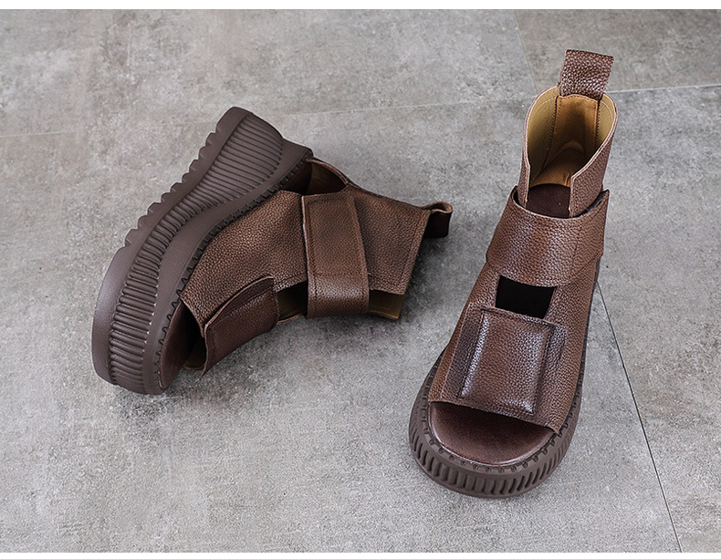 Sandal hở mũi nữ da bò thật kiểu La Mã, gót thấp tôn dáng — màu nâu chi tiết 11