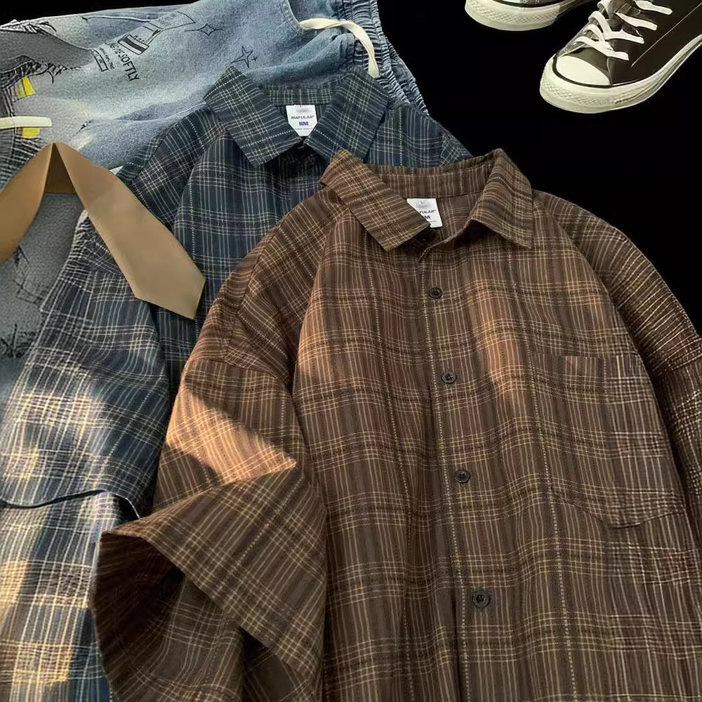 vintage American Style Shirt Men's Summer Trendy Brand Fashionable Short-sleeved Shirt High-grade Sense Plaid Retro Casual Jacket