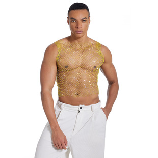 Amazon European and American Hot Drilling Costume Fishing Net Rhinestone Hollow Vest Top Flash Diamond Music Festival Party Night Shop Costume