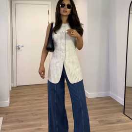 批发2024春季麻棉条纹长款女式背心马甲外套YY5-1517