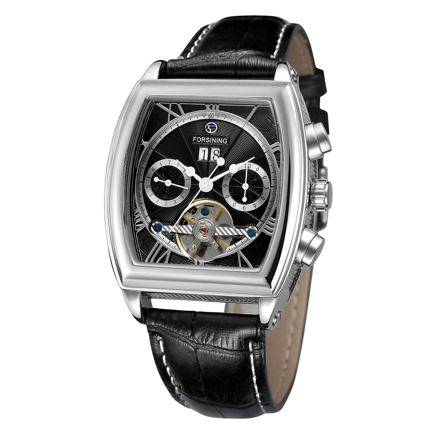 Montre mécanique à bracelet avec volant ouvert et calendrier_voghion.com