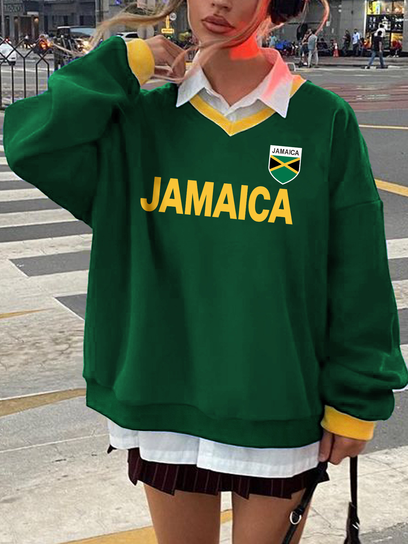 Felpa girocollo verde scuro autunno inverno stile americano con lettere di nicchia, slim e larga, da donna, stampa 3D_voghion.com