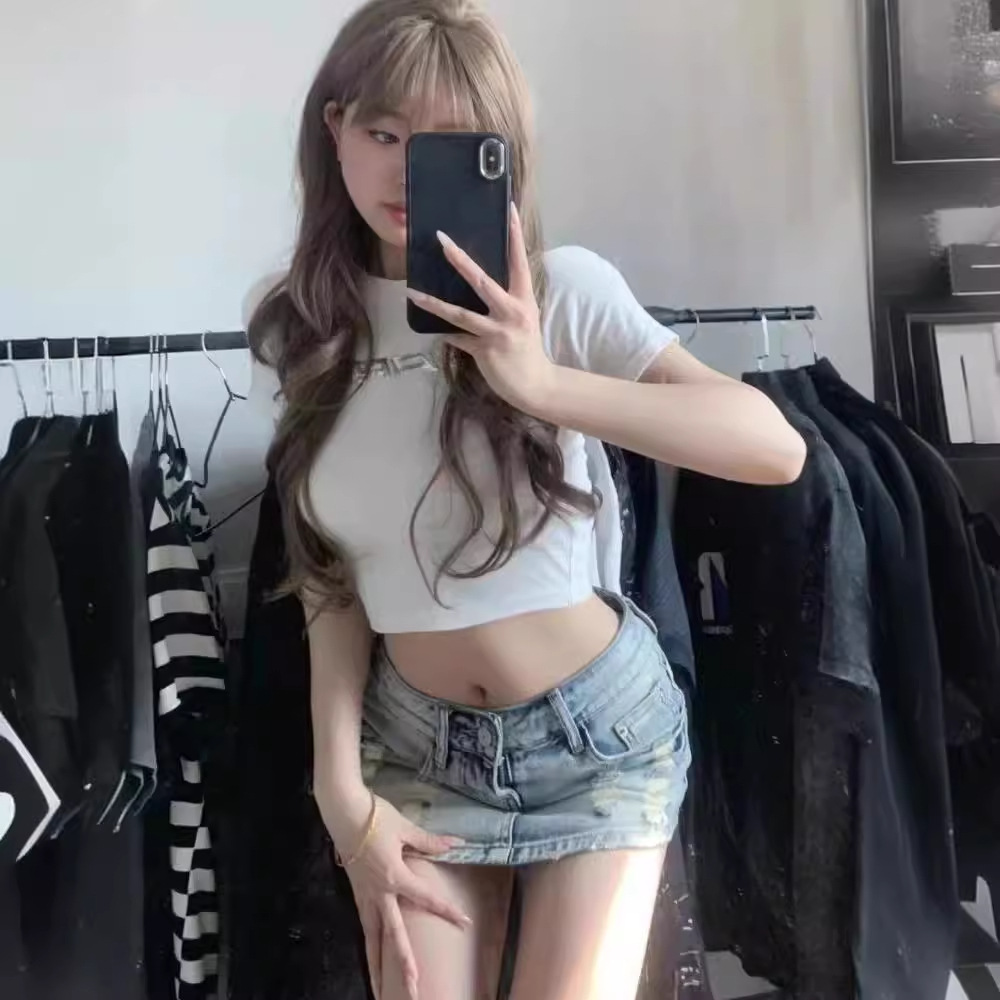 GraceChic GraceChic GraceChic American Hot Girl Street Style Ultra Short Women 2024 Summer New Denim Shorts Low Waist Sexy Letter Bag Half Skirt_voghion.com