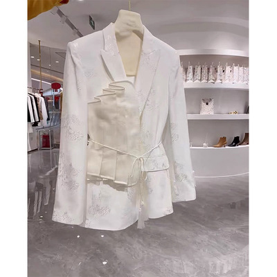 法式提花百褶腰封西装外套21春秋新款名媛优雅系带收腰百搭西服女