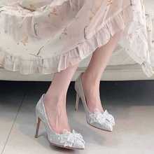 婚鞋女2022新款水晶银色蝴蝶结高跟鞋女细跟仙女风性感ins风婚纱