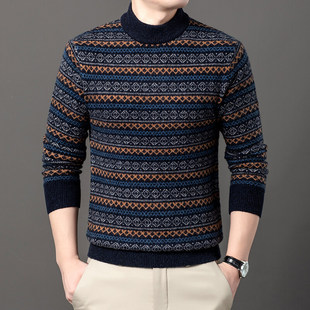 Autumn and Winter 100% Sheep Wool Sweater Half Turtleneck Jacquard Classy Cashmere Sweater Thickeneded Warm Sweater Men's Half Collar