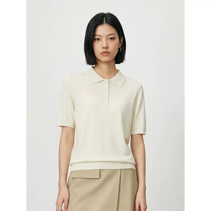 「白露」100%绵羊毛Polo领针织短袖翻领修身T恤上衣百搭针织衫女