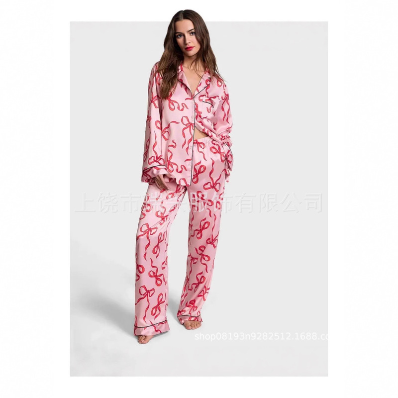 2025 Cross-Border Amazon Summer New Style Cuban Collar Fashionable Casual Home-Style Bow Long-Sleeved Women's Suit 2025 Cross-Border Amazon Summer New Style Cuban Collar Fashionable Casual Home-Style Bow Long-Sleeved Women's Suit