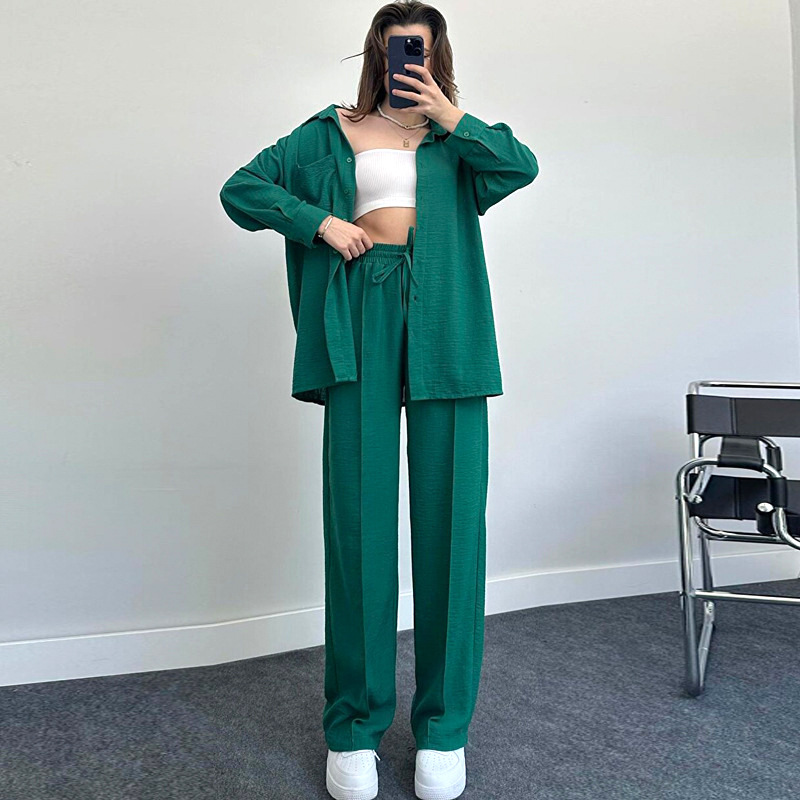 Conjunto de estilo europeo americano, camisa de manga larga holgada de comercio exterior, pantalones largos de primavera y moda, para mujer._voghion.com