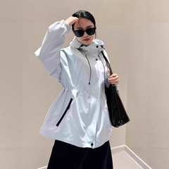 韩系抽绳收腰冲锋衣外套女2025秋季新款口袋拉链百搭休闲连帽上衣