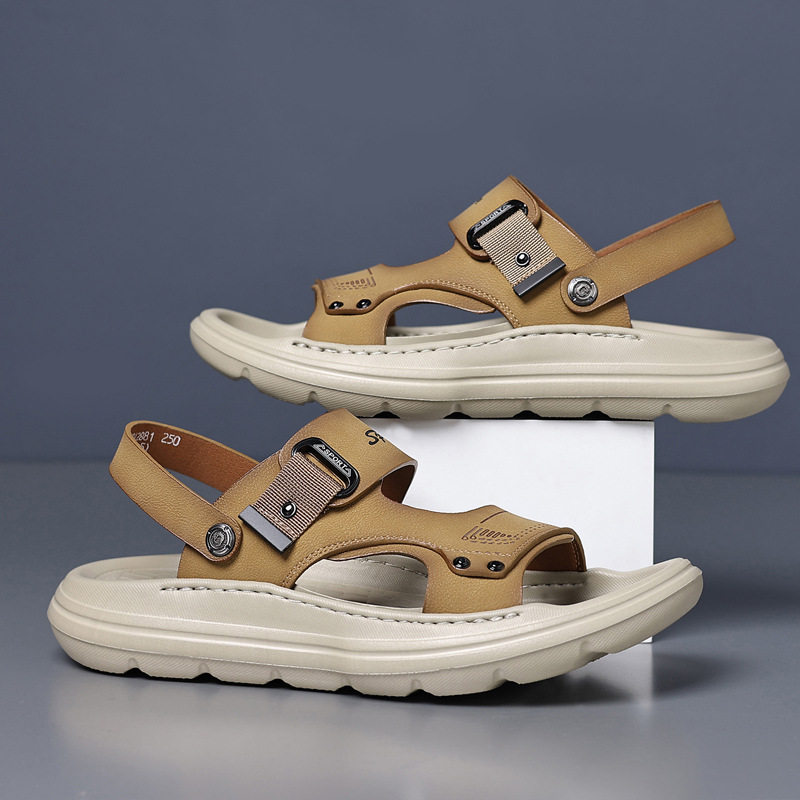 Dép sandal nam da thật đế xốp nhẹ thủ công, gót 3,5 cm, thoáng khí chống trượt — màu vàng