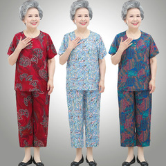 高齢者の女性の夏服セット綿のお母さんの人造綿のパジャマ70歳80おばあさんの夏の綿のパジャマ2点セット