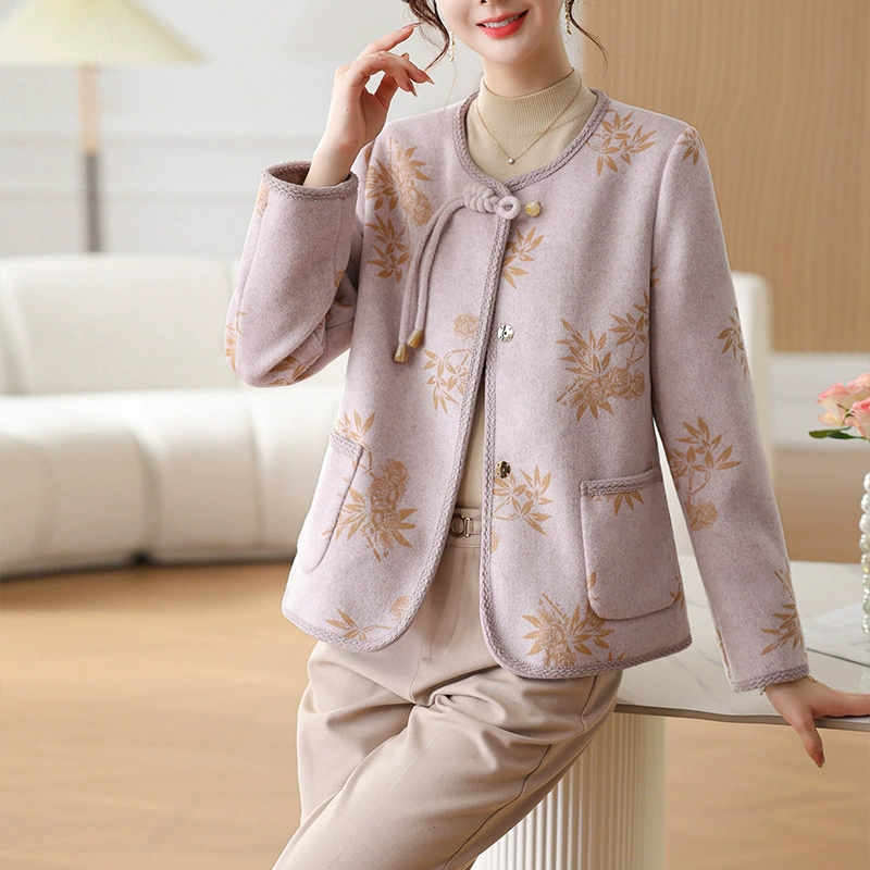 2024 мама осенняя новая одежда с иностранным принтом шерстяной топ среднего и пожилого женского благородного шерстяного пальто весна и осень