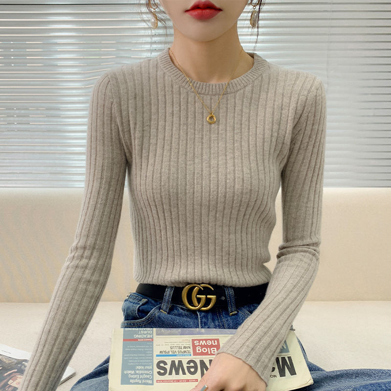 秋冬新款气质圆领针织衫女修身套头打底衫长袖上衣内搭显瘦毛衣女|undefined