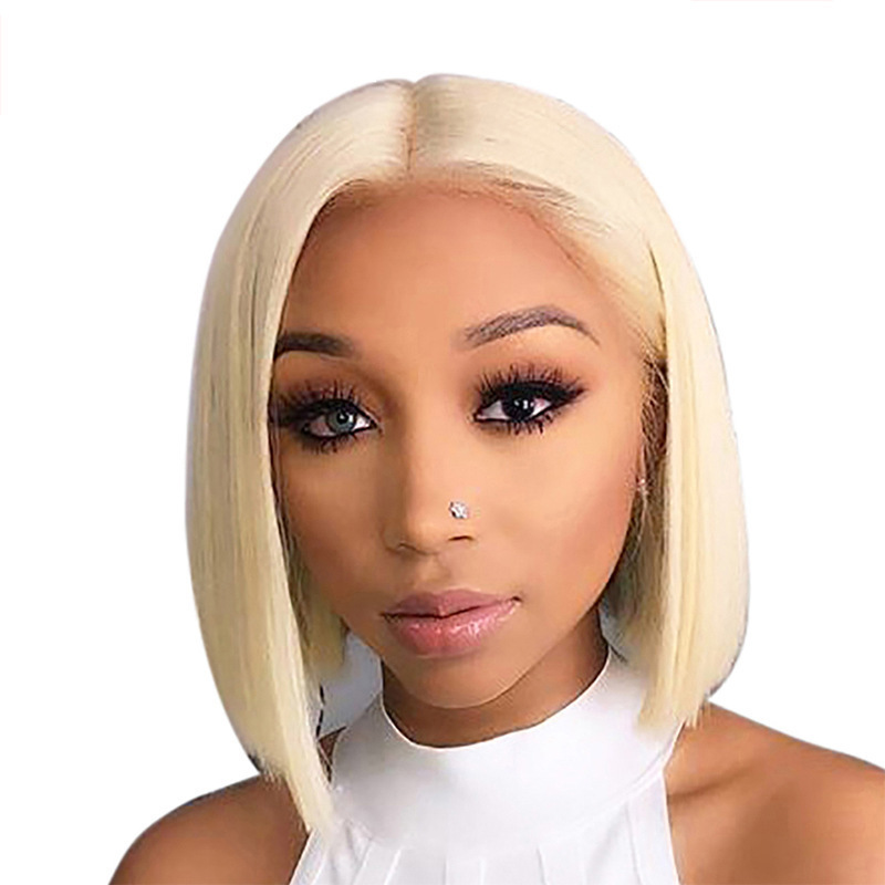 Perruque front lace blond platine style bob synthétique pour femme_voghion.com