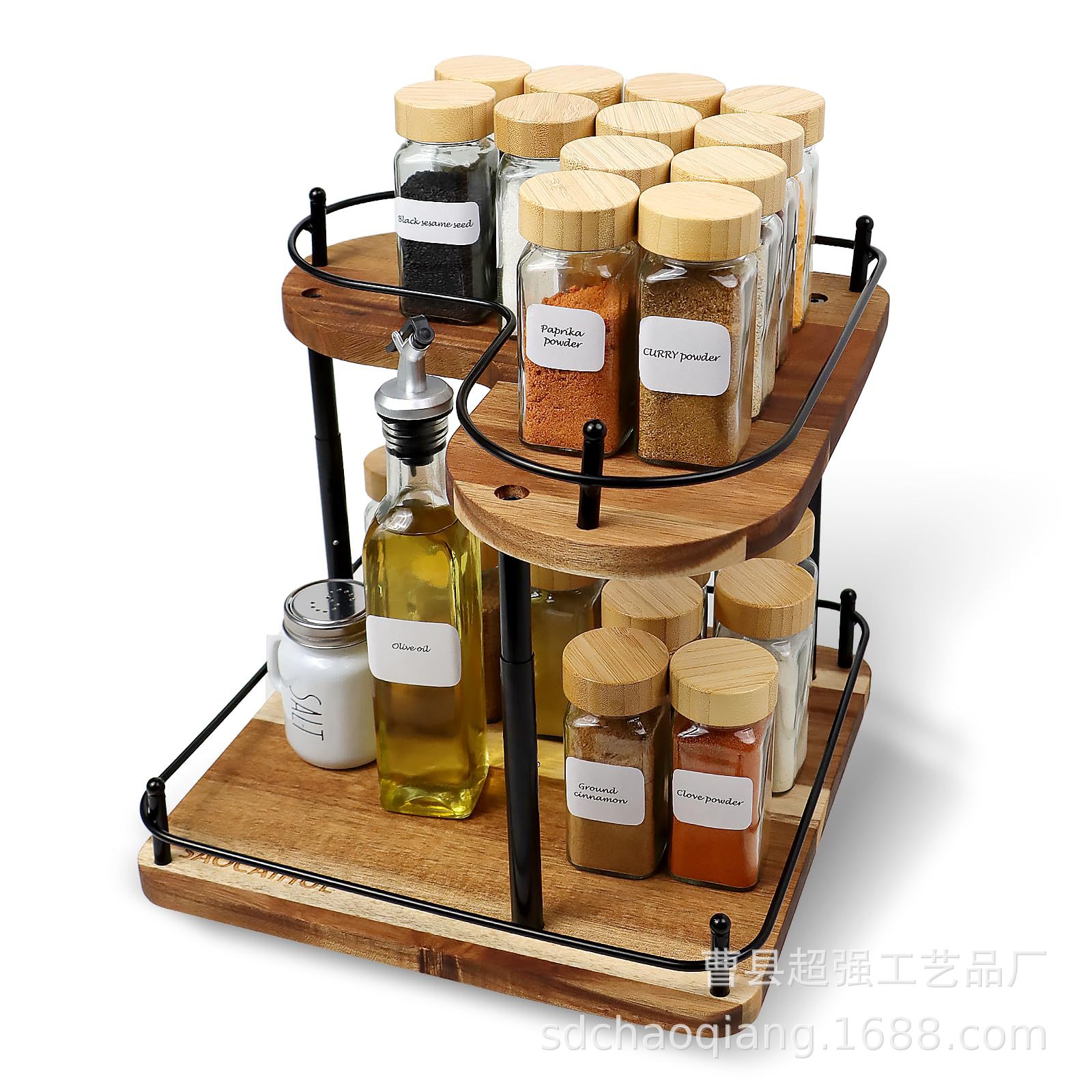 Acacia wood seasoning rack kitchen double-layer seasoning jar spice bottle storage rack rotatable snack cosmetic rack