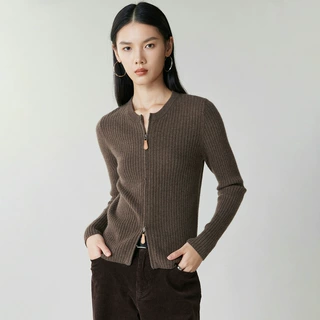 100%山羊绒开衫秋冬新款女圆领抽条羊绒衫修身显瘦拉链外套