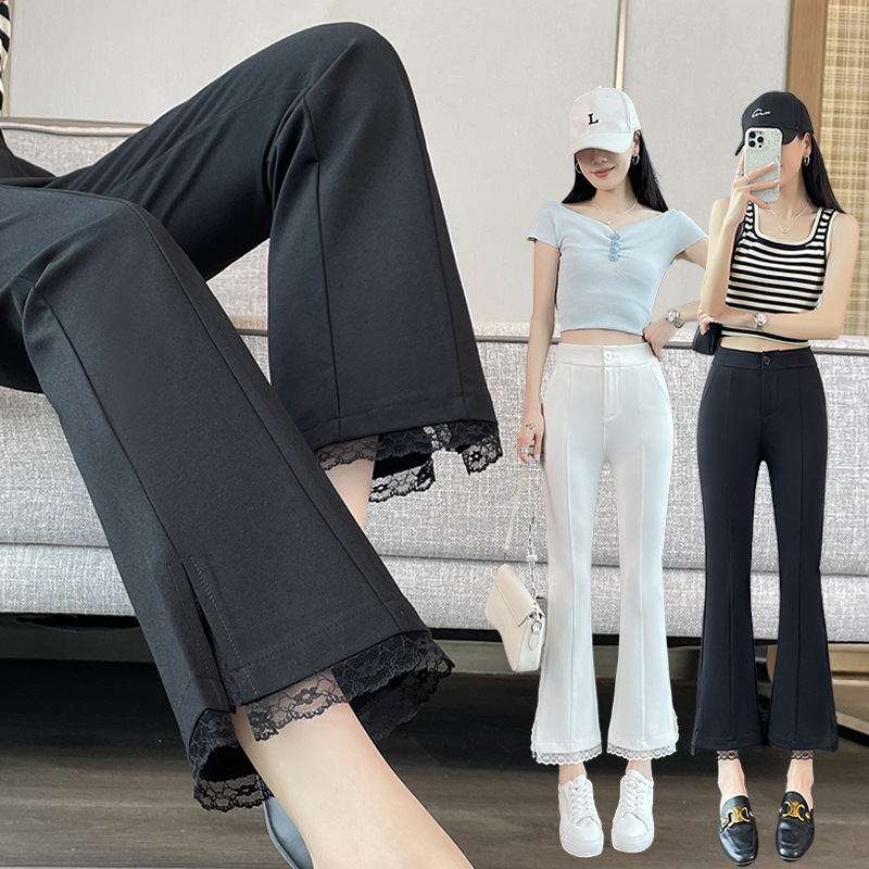 Real shot in stock 2025 new black suit micro-pants women's slim small nine-point lace split flared pants