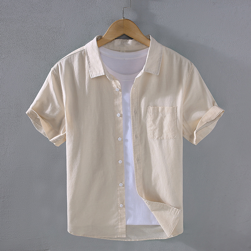 938 Summer Thin Men's Linen Short-sleeved Shirt Casual Cotton and Linen Shirt Men's Linen Solid Color Simple Half-sleeved Top