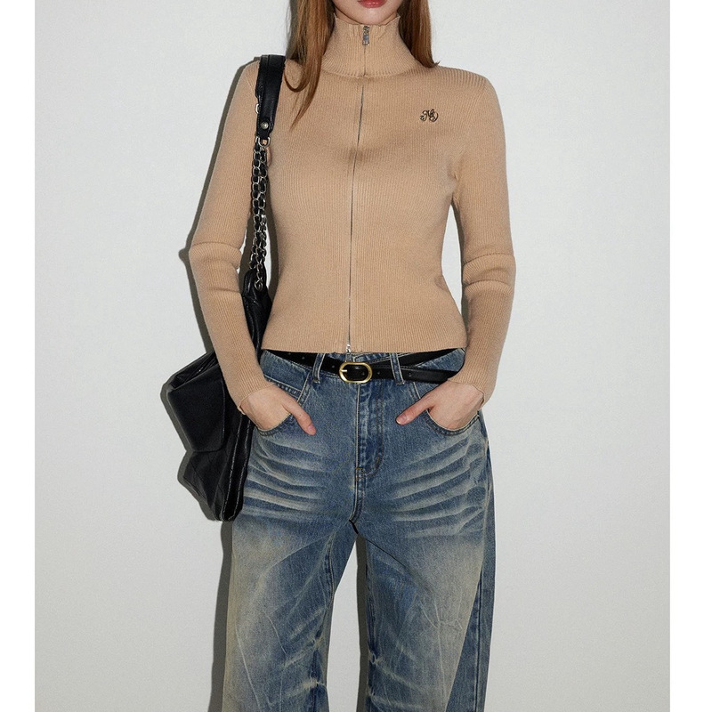 American Retro Slim Fit Stand Collar Knitted Cardigan Women's Autumn and Winter Short Double Zipper Versatile Top