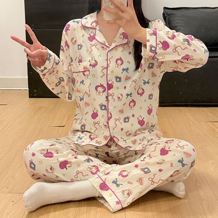 工厂批发田园风碎花睡衣女春秋云朵棉翻领长袖长裤套装家居可外穿