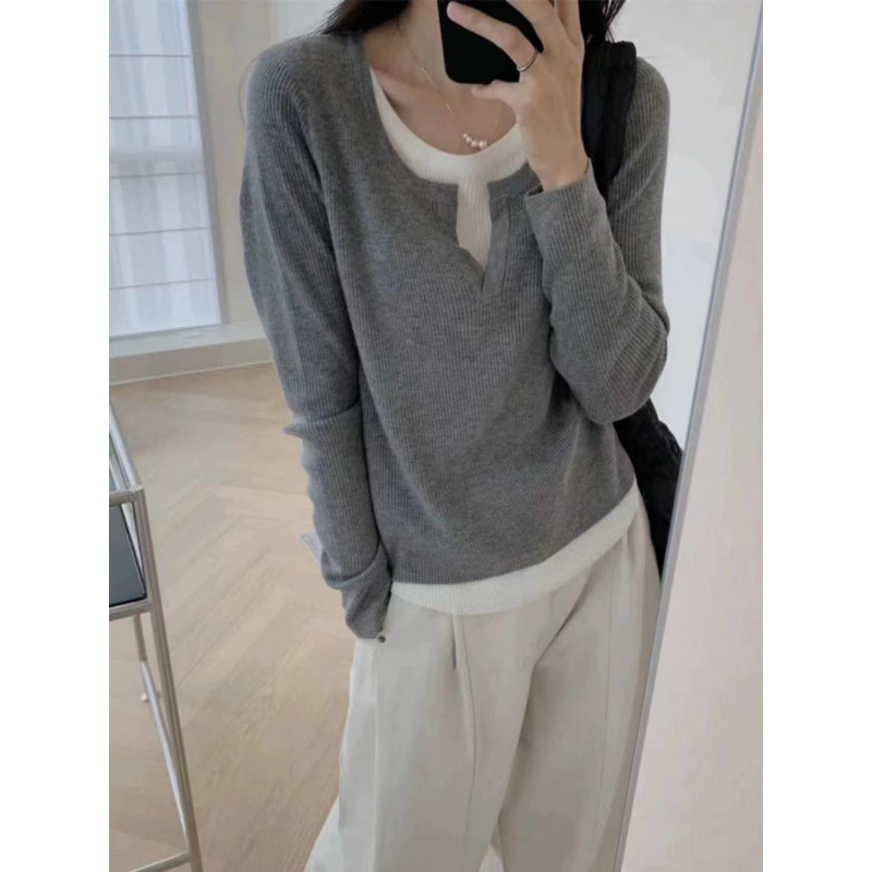 设计感不规则韩版黑色假两件领内搭打底衫春秋修身长袖上衣女|undefined
