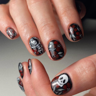 24 Pieces of Creative Halloween New Skull Red White Petals Halloween Elements Cross-Border Small Square Fake Nails