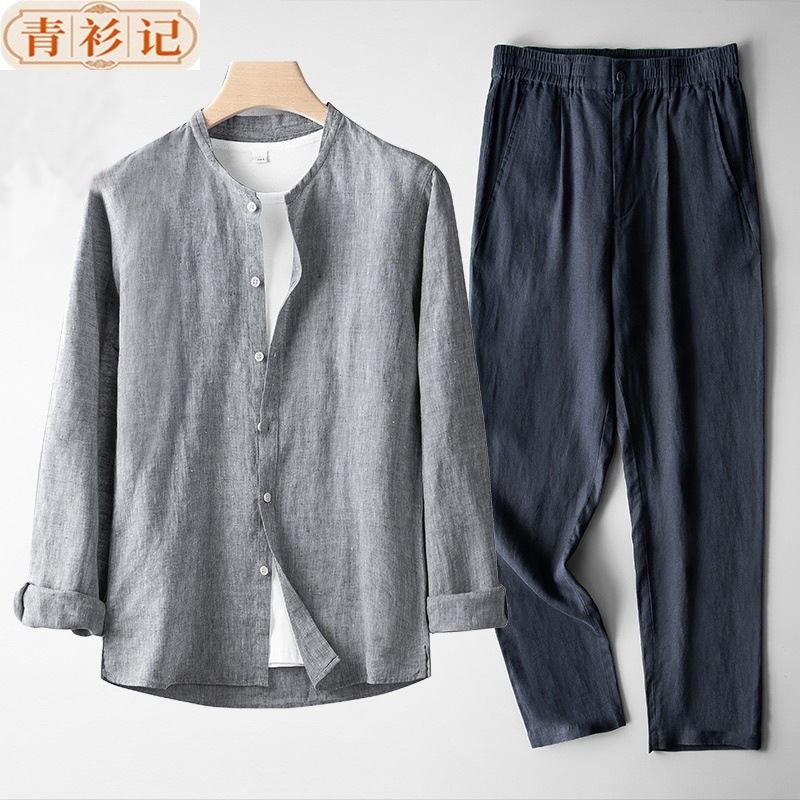 Nuevo conjunto de ropa de lino chino para hombres retro delgado de manga larga estilo chino algodón lino transpirable camisa casual de dos piezas