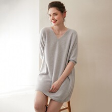 慵懒韩范风软糯无缝100%纯山羊绒衫女V领中长款半袖宽松针织毛衣