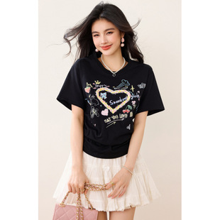Design Sense American Retro Drawstring Top Round Neck Three-dimensional Love Short-sleeved T-shirt for Women