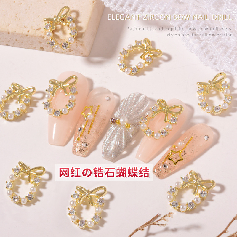 2023 Internet celebridad clavo circón Luz de lujo guirnalda de Navidad popular arco diamante tridimensional perla accesorios de uñas diamante