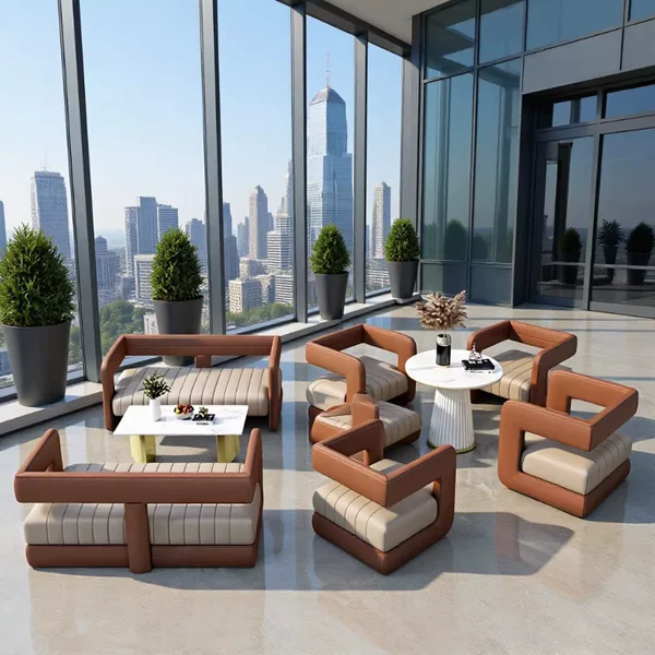 Modern Light Luxury Color-Blocked Vertical Stripe Leather Modular Sofa for Office, Sales Office, and Business Meeting Areas