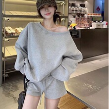 美式慵懒纯色斜肩长袖卫衣女秋冬新款小个子甜辣露肩上衣厂家批发