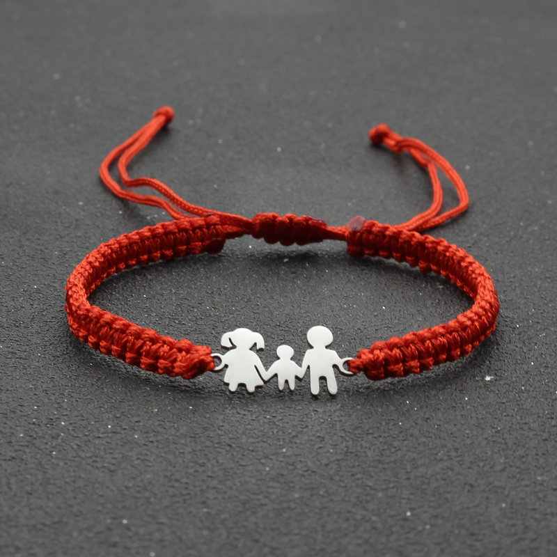 Cross-border New Bracelet Stainless Steel Cartoon Mom and Dad Son Hand-woven Red Rope Bracelet Couple's Rope Bracelet for Women