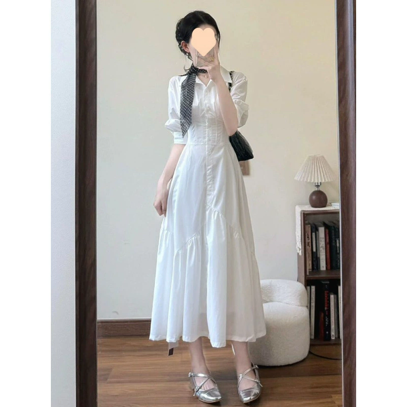 2025 новое летнее белое платье-рубашка французская мода ретро красивое платье с эффектом стройнящего талии элегантная длинная юбка