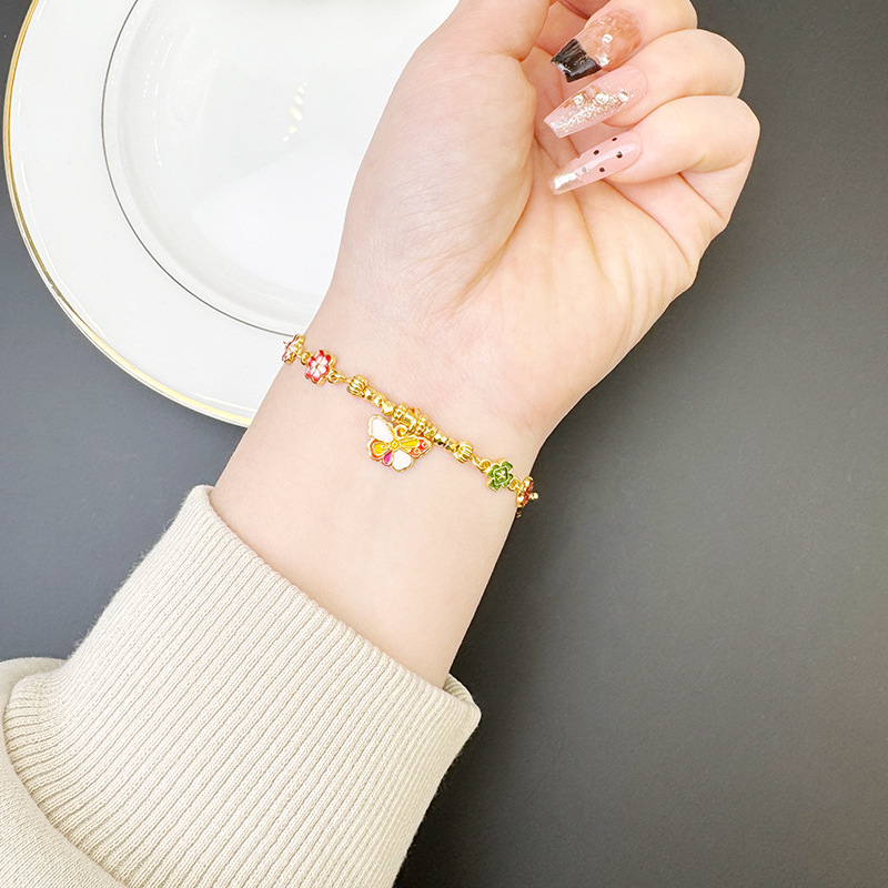 Brazalete de oro de arena de Vietnam esmalte colorido goteo de aceite mariposa pulsera de flores mujeres lujosas no se desvanecen Yiwu joyería suministro