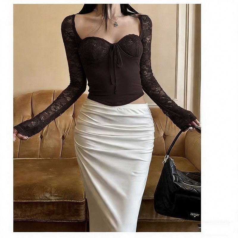 American-Style Deep Coffee-Colored Lace Square-Neck Long-Sleeve T-Shirt for Women, New Spring Model, Slim Fit, Flattering, Niche Top American-Style Deep Coffee-Colored Lace Square-Neck Long-Sleeve T-Shirt for Women, New Spring Model, Slim Fit, Flattering, Niche Top