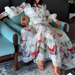 时尚休闲新品2025法式优雅单排扣2025女装印花系带收腰长袖连衣裙