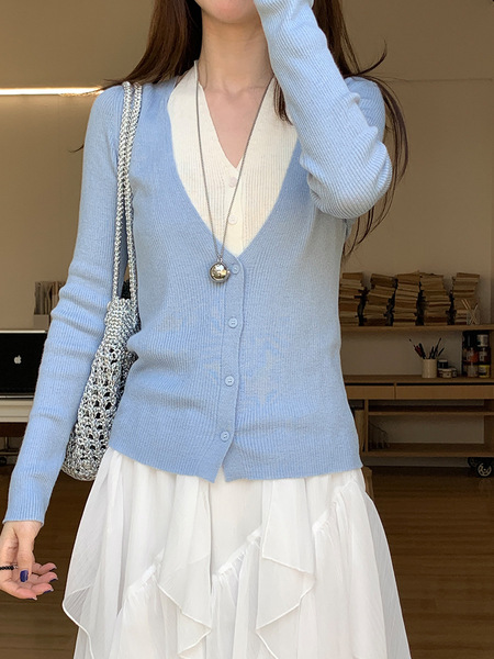Weisong 2026 Spring New Women's Korean Style Color-Block Faux Two-Piece Knitted Sweater for Women, Versatile Casual Outerwear