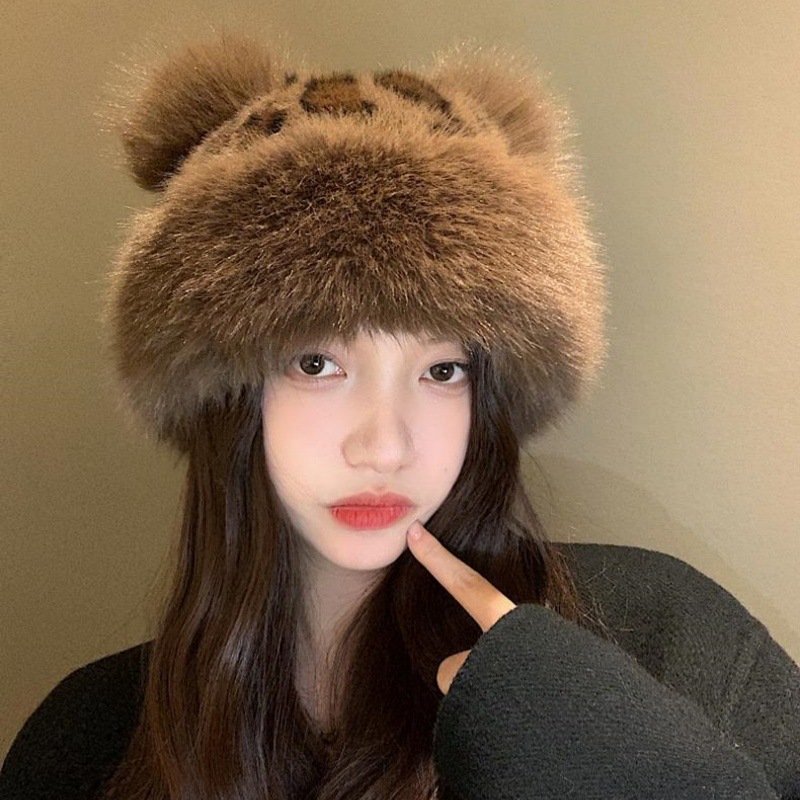 复古豹纹小熊耳朵毛绒蒙古帽子秋冬季仿皮草加厚大帽檐保暖护耳