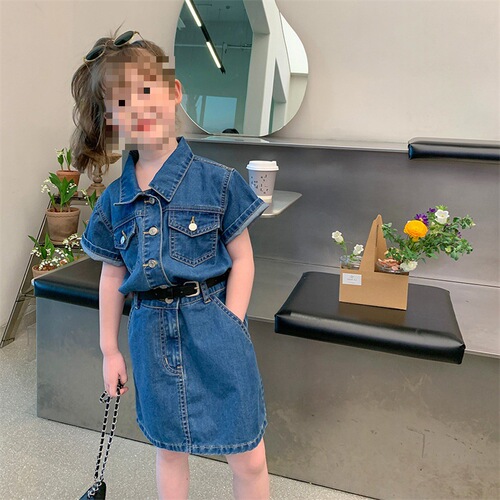 Girls' Skirt Double Pocket Collar Denim Dress Dress 24 Spring and Summer New Fashion Foreign Trade Children's Clothing Distribution 3-8 Years Old 