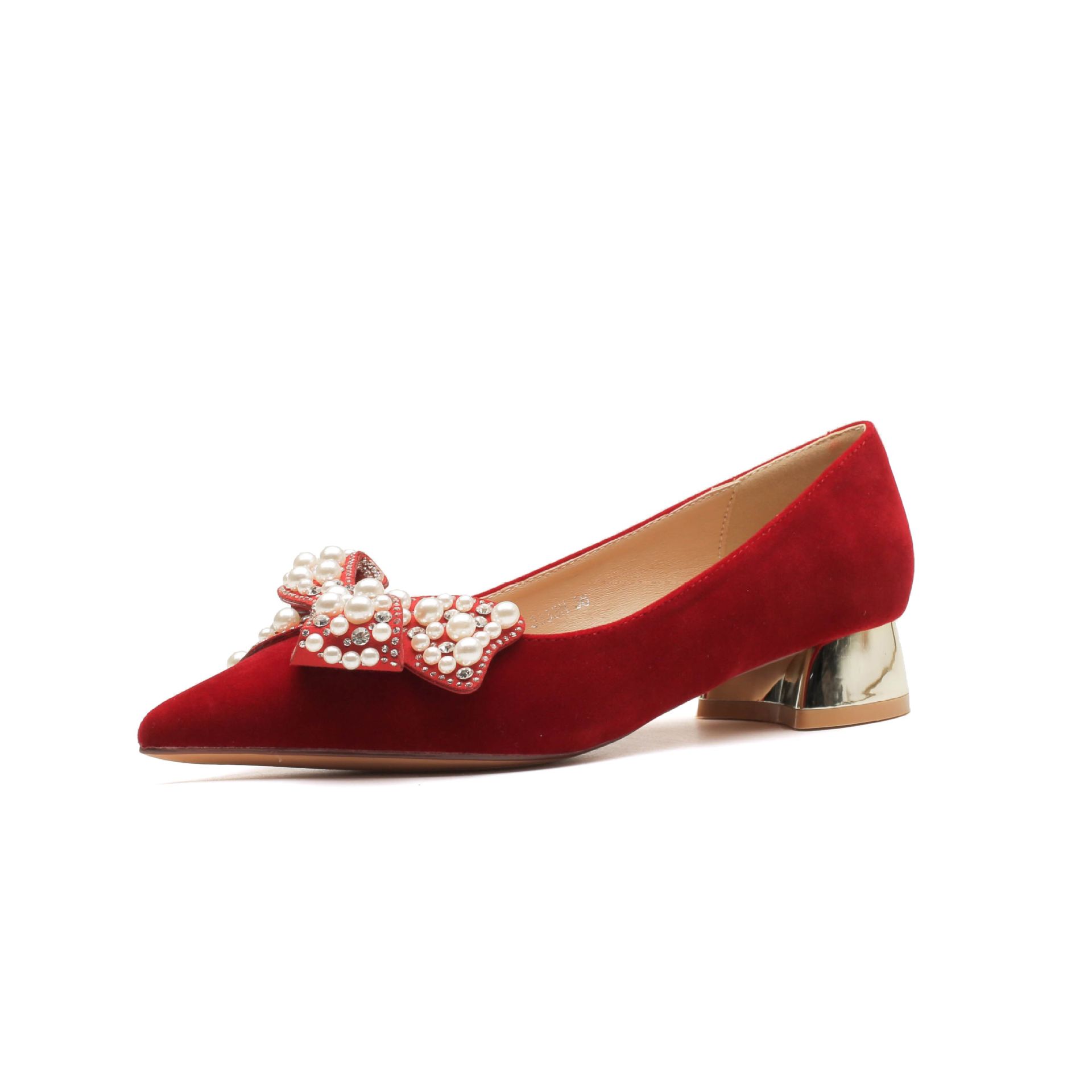 3333H-017 Chunky Heel Suède Rode Hoge Hakken Met Strik Voor Banket Bruiloft Comfortabele En Gemakkelijk Te Dragen Damesschoenen_voghion.com