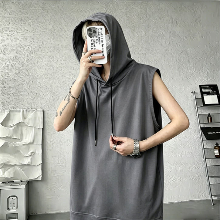 Summer Men's Sleeveless T-Shirt Vest, Solid Color Sleeveless Hoodie, Large Size Loose Solid Color Top, Trendy Versatile Vest Summer Men's Sleeveless T-Shirt Vest, Solid Color Sleeveless Hoodie, Large Size Loose Solid Color Top, Trendy Versatile Vest