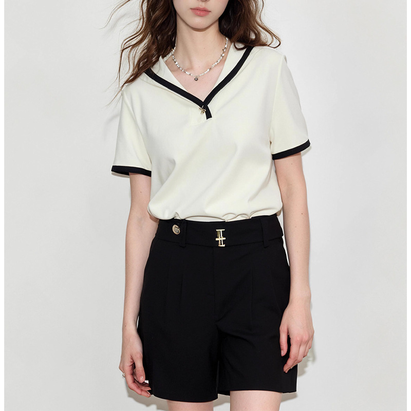 フランスのデザイン感と帽子のtシャツの婦人服2025夏の新型の衝突色は半袖の上着をつなぎ合わせます。|undefined